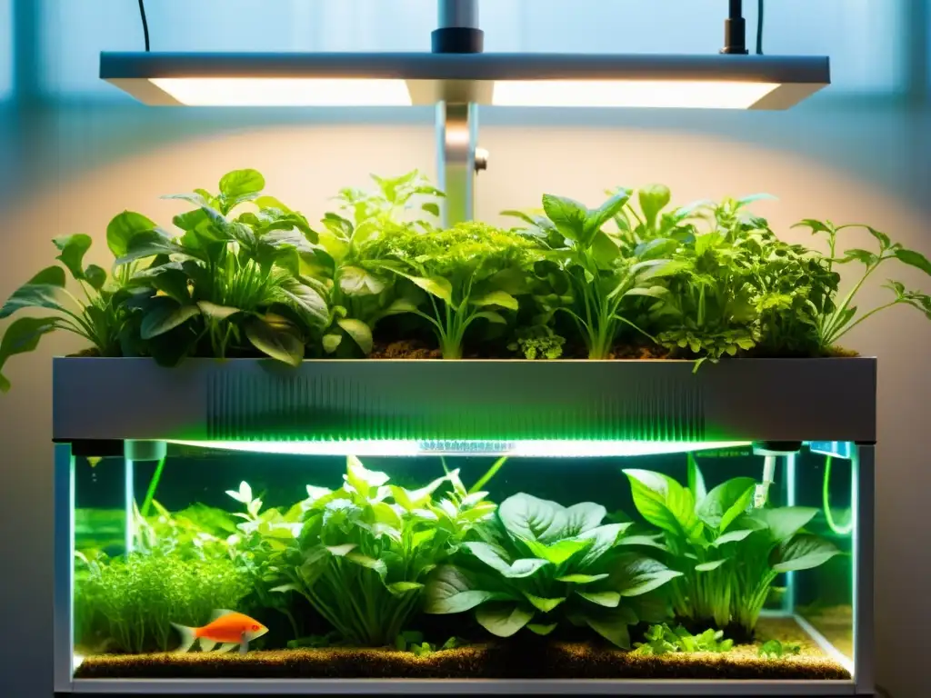 Un sistema acuapónico exuberante y vibrante con vegetales de hojas verdes, hierbas y peces coloridos