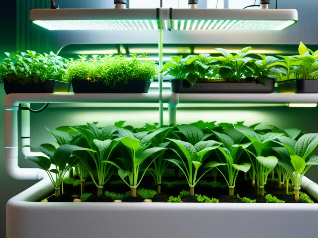 Un sistema acuapónico futurista en un entorno urbano, mostrando la sensibilidad tecnológica en acuaponía urbana con luces LED y plantas exuberantes