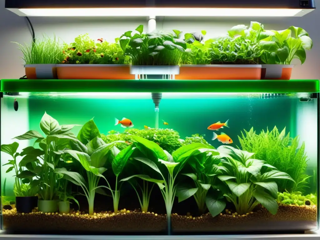 Un sistema acuapónico innovador muestra el manejo sostenible de residuos con plantas exuberantes y peces coloridos