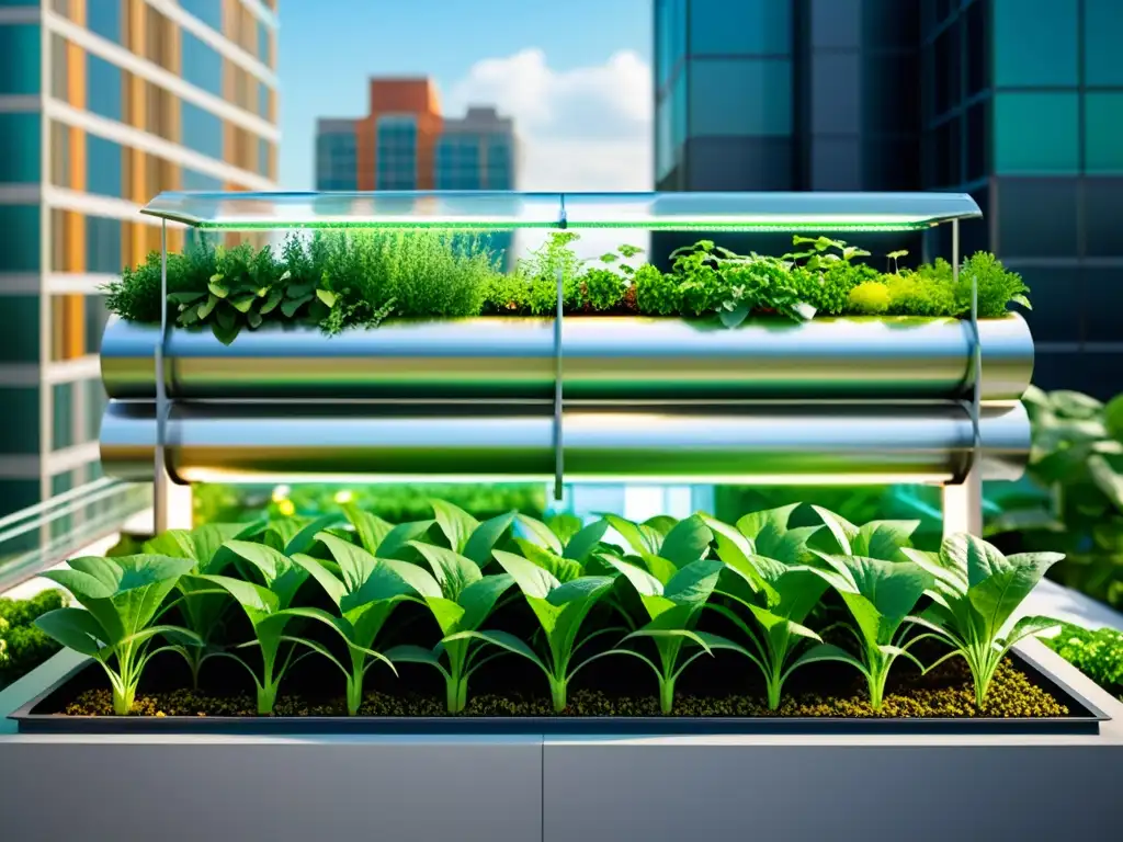 Sistema acuapónico integrado en jardín urbano, contraste entre vegetación exuberante y materiales metálicos modernos