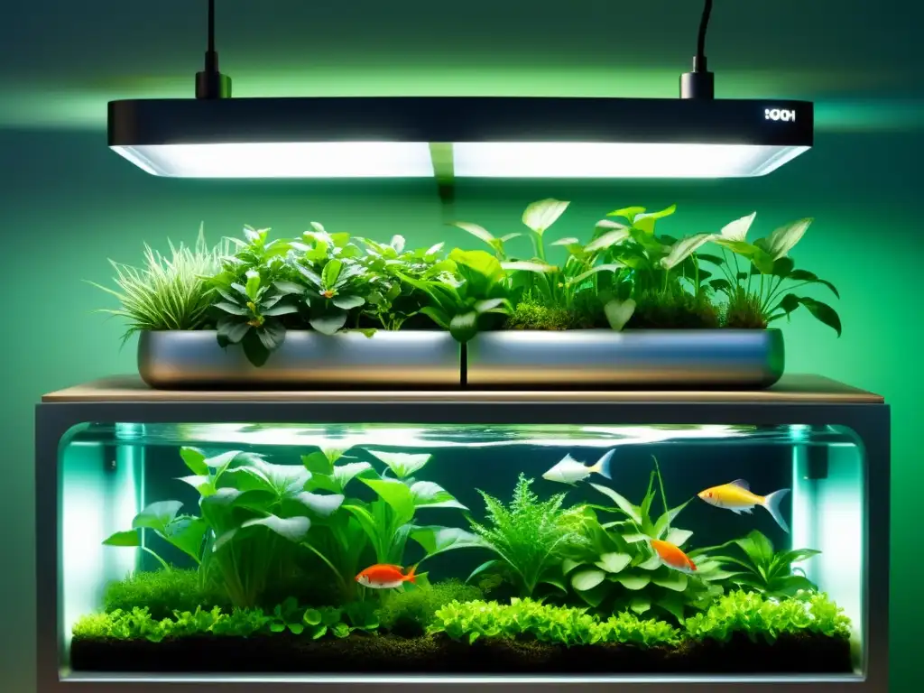 Diseño acuaponía bienestar peces: Un sistema acuapónico moderno y armonioso con tanques transparentes y plantas verdes vibrantes, creando un ambiente sostenible y eficiente para los peces