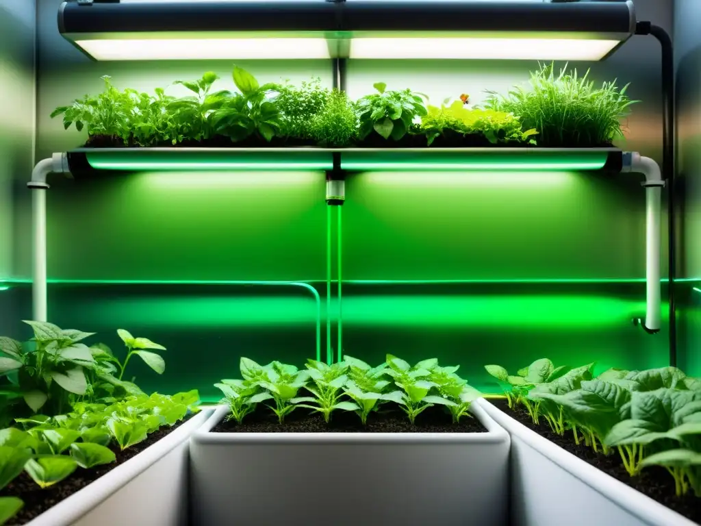 Un sistema acuapónico moderno y eficiente, con plantas vibrantes y saludables en agua rica en nutrientes