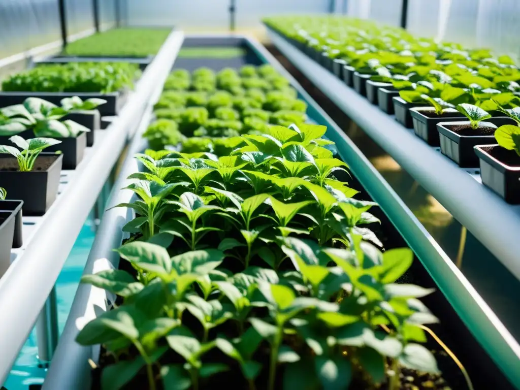 Avanzado sistema de aquaponía 8k: diseño eficiente y exuberante Un sistema acuapónico moderno y eficiente con plantas exuberantes en lechos de agua, destacando principios eficientes de diseño en sistemas acuapónicos