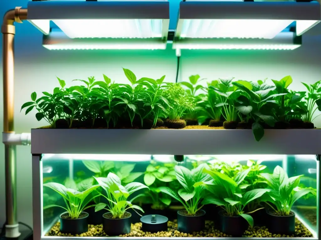 Un sistema acuapónico moderno y eficiente, con plantas exuberantes y peces saludables