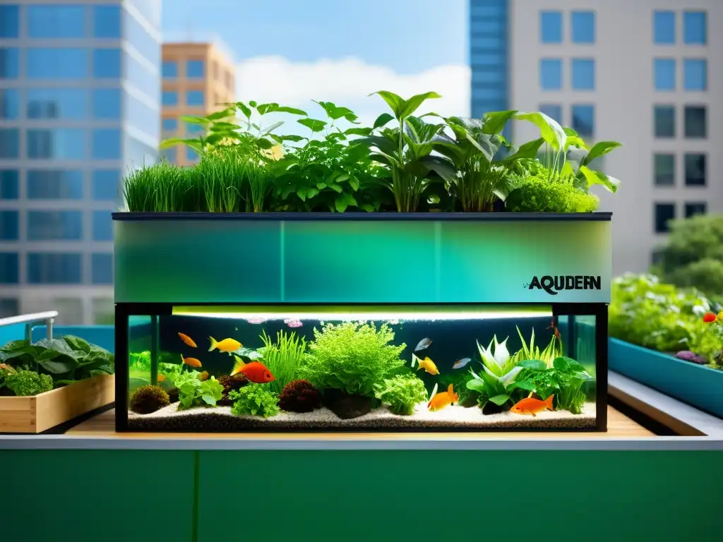 Un sistema acuapónico moderno en un entorno urbano, con plantas verdes exuberantes sobre el agua y peces coloridos debajo