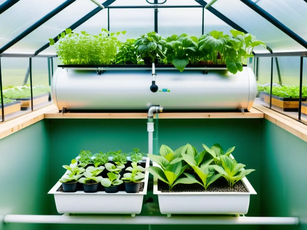 Un sistema acuapónico moderno e impecable, con plantas exuberantes y agua cristalina, en un invernadero luminoso