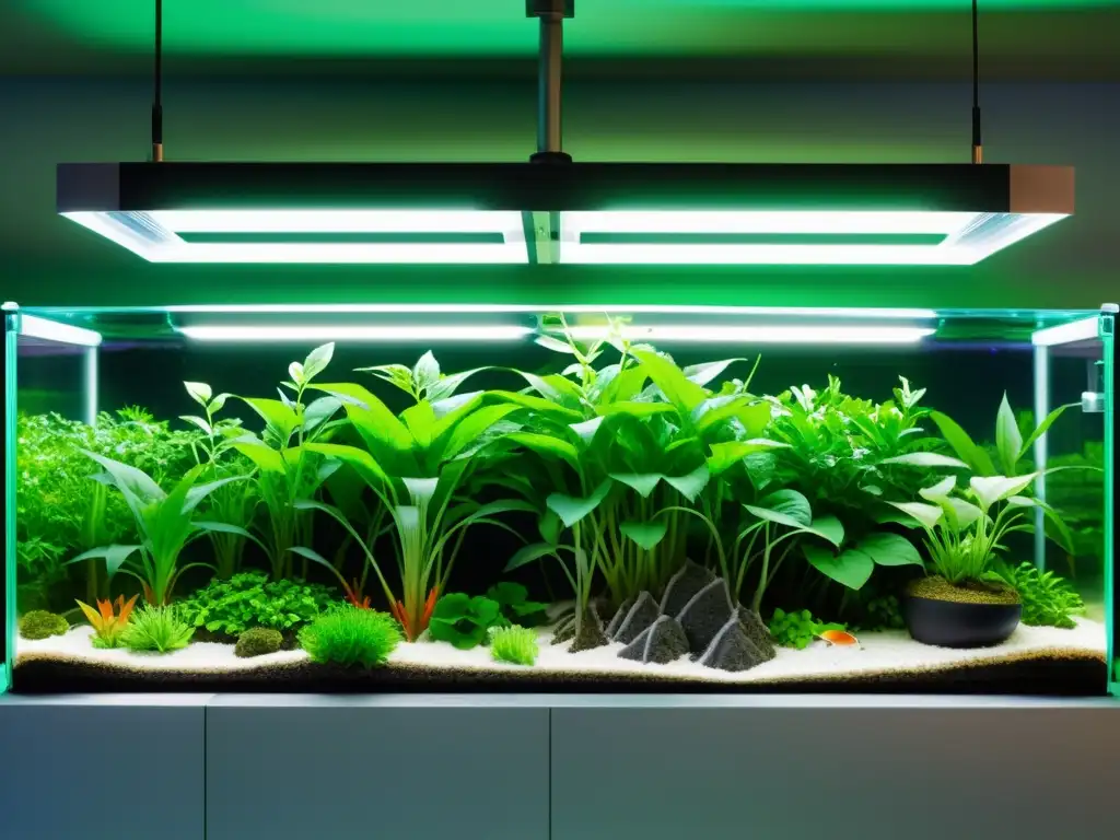 Un sistema acuapónico moderno, con luces LED iluminando plantas verdes y peces nadando en el agua clara