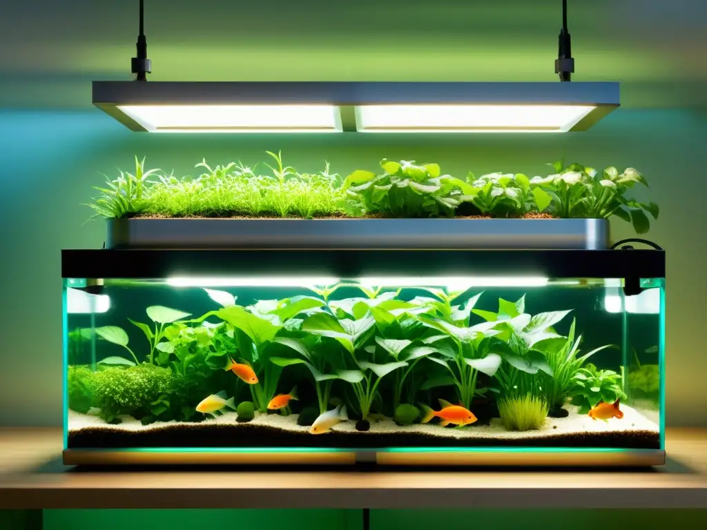 Un sistema acuapónico moderno con plantas exuberantes sobre el agua y peces saludables en tanques