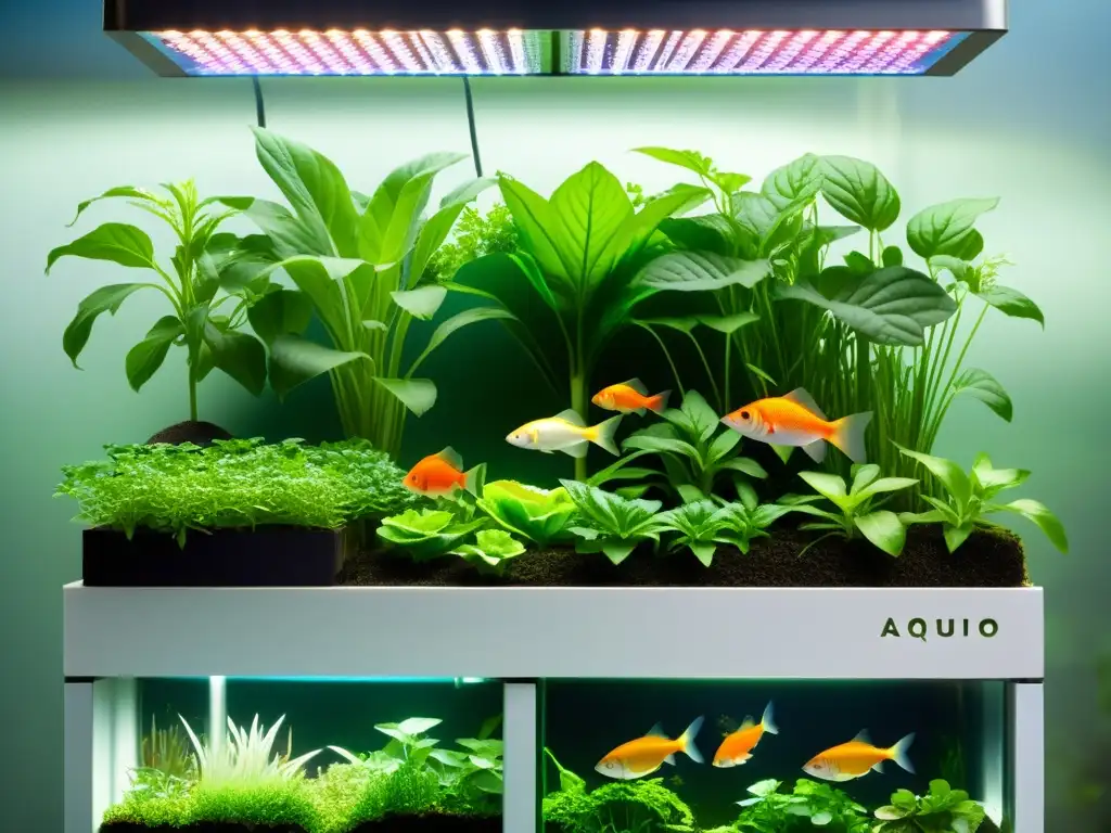 Un sistema acuapónico moderno con plantas exuberantes y peces vibrantes