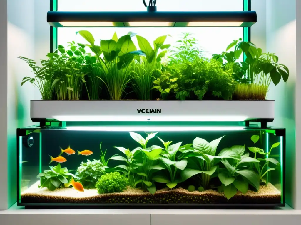 Un sistema acuapónico moderno con plantas exuberantes creciendo en el agua, peces nadando entre las raíces y un diseño futurista que se fusiona perfectamente con su entorno