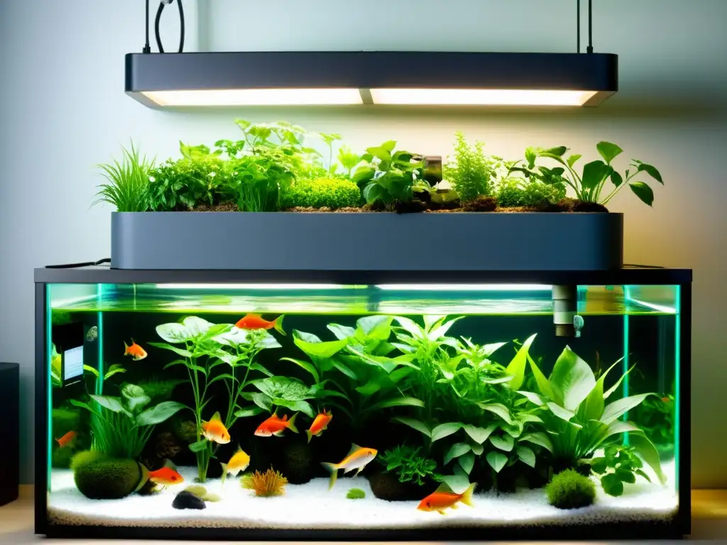 Un sistema acuapónico moderno con plantas exuberantes y peces vibrantes, mostrando la sinergia nutritiva entre plantas y peces acuapónicos