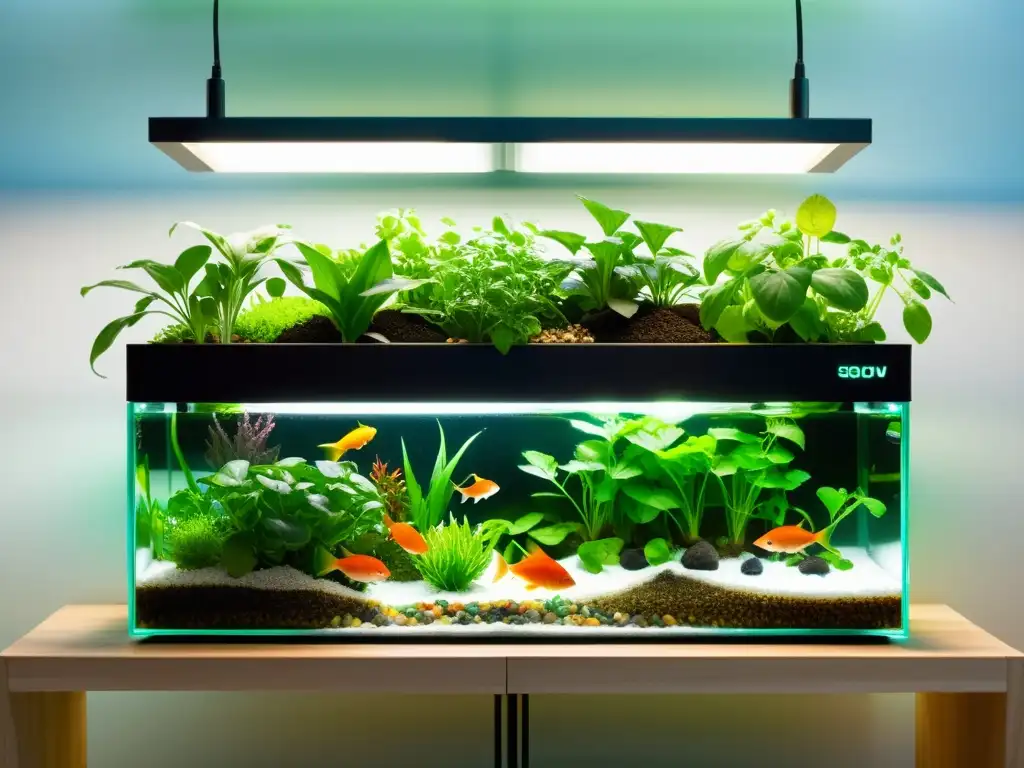 Un sistema acuapónico moderno con plantas vibrantes y peces activos