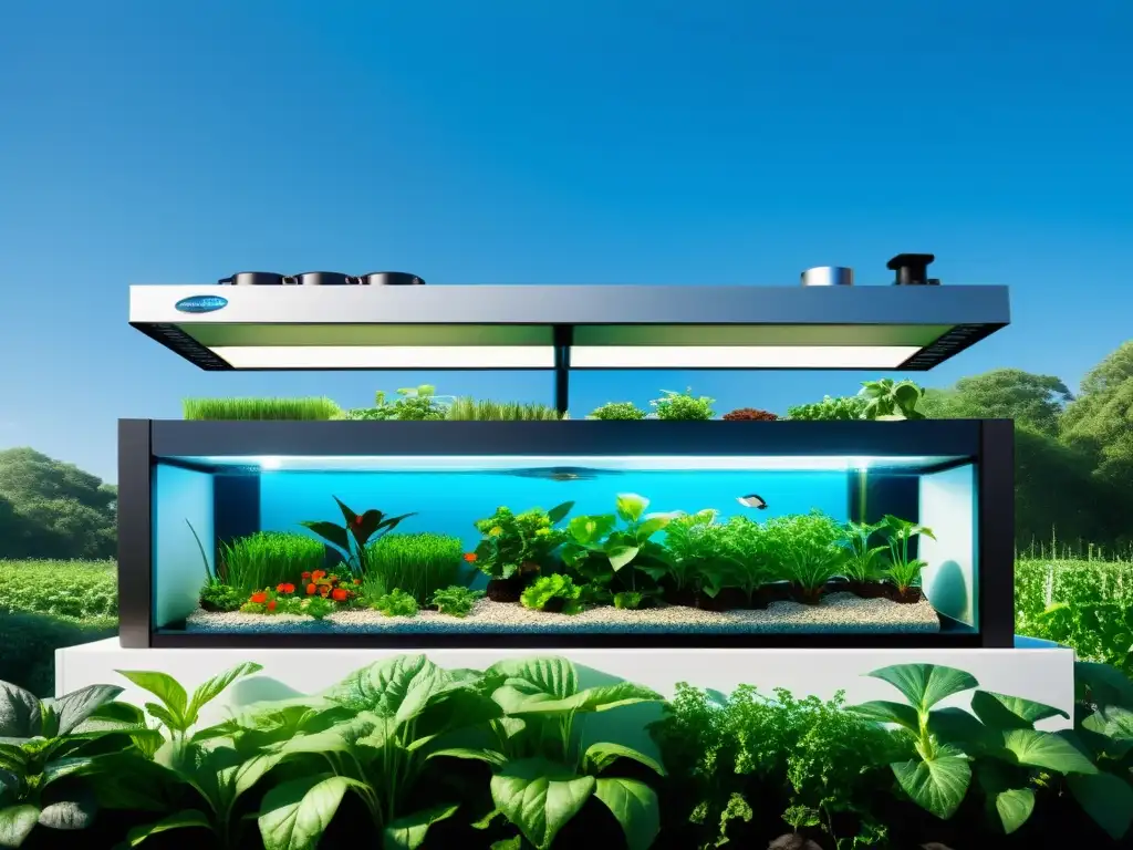 Un sistema acuapónico moderno y resistente al cambio climático, con plantas vibrantes y peces activos, en un entorno exuberante y cielos azules claros