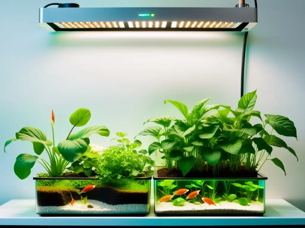 Un sistema acuapónico moderno con sensores para calibración, plantas verdes exuberantes y peces sanos nadando