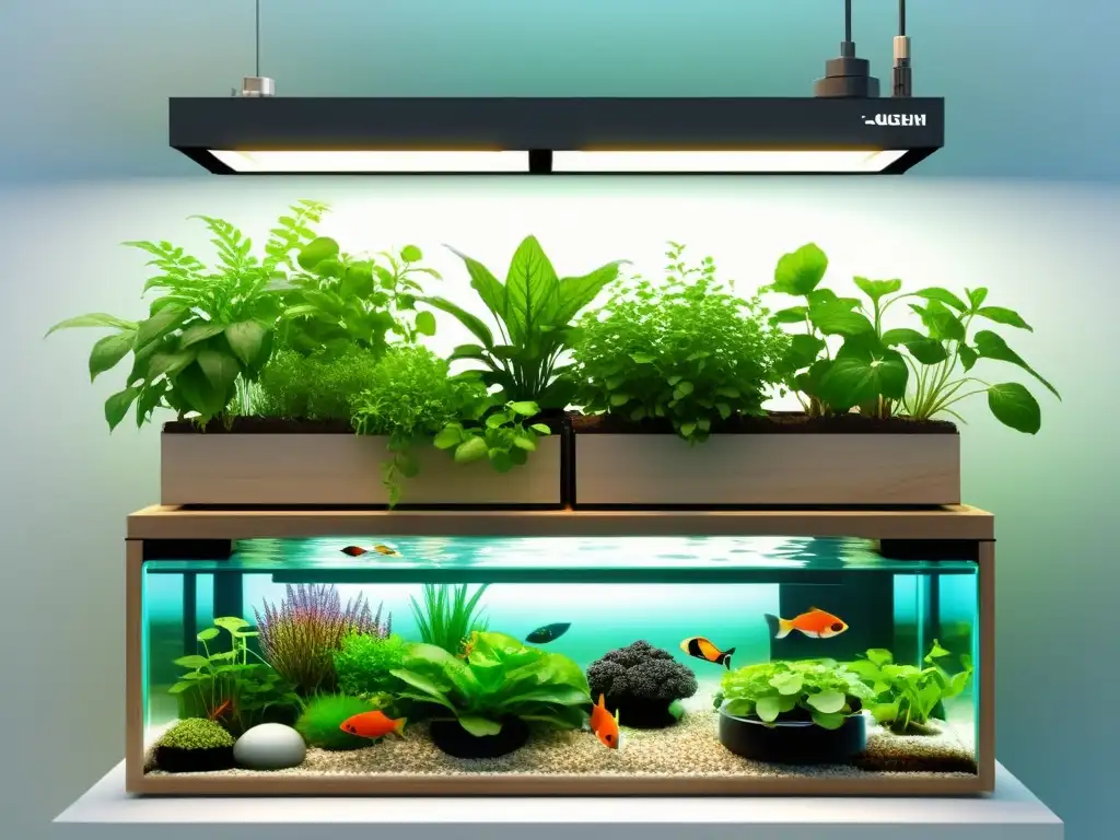 Un sistema acuapónico moderno y sereno, con plantas exuberantes sobre el agua y peces coloridos debajo