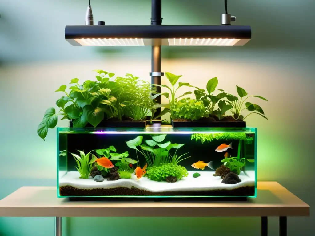 Un sistema acuapónico moderno evoca innovación y sostenibilidad, con peces y plantas prósperos