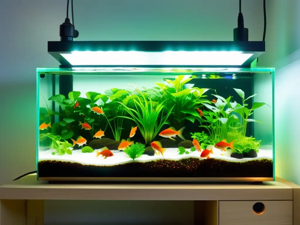 Un sistema acuapónico moderno con tanques de vidrio llenos de vegetación vibrante y peces coloridos, iluminados por luces LED cálidas