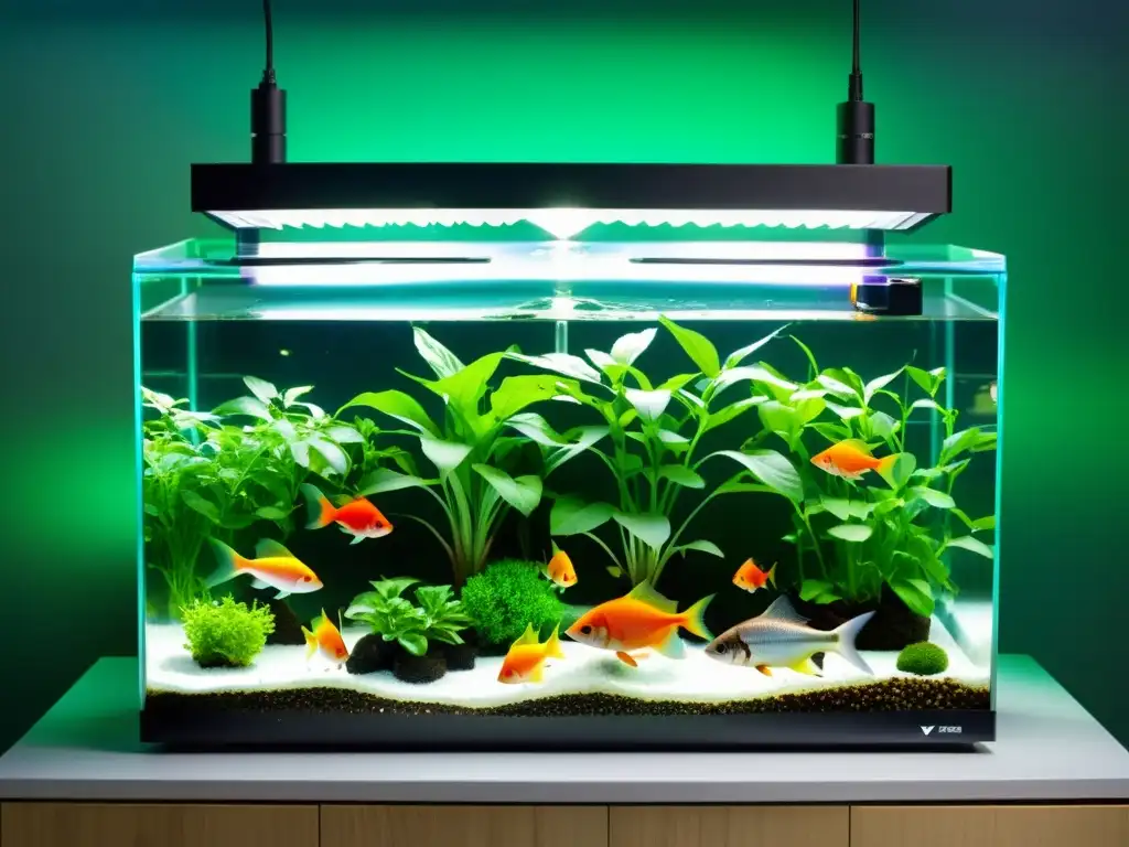 Un sistema acuapónico moderno con tanques transparentes repletos de plantas verdes vibrantes y peces coloridos, en un entorno futurista