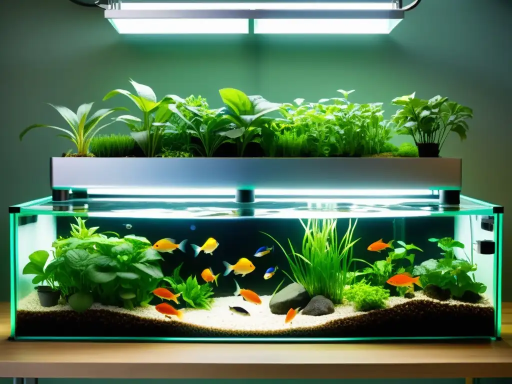 Un sistema acuapónico moderno con tanques de peces de vidrio, plantas verdes exuberantes y un elegante marco metálico