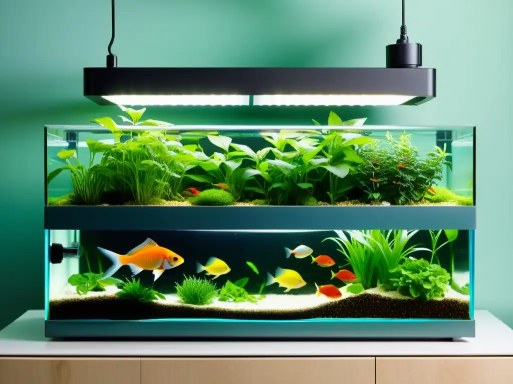 Sistema de acuaponía moderno: elegancia y eficiencia en un diseño futurista Un sistema acuapónico moderno con tanques de peces transparentes y vegetación vibrante