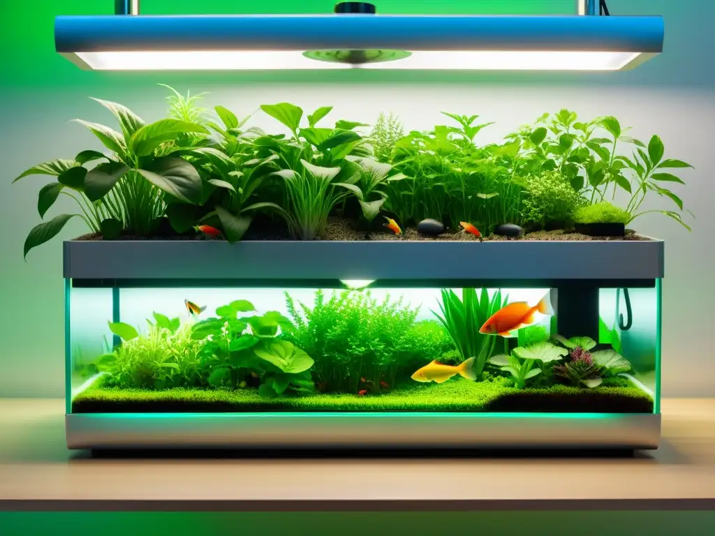 Un sistema acuapónico moderno y vibrante con plantas exuberantes y peces saludables, equilibrio pH sistemas acuaponía