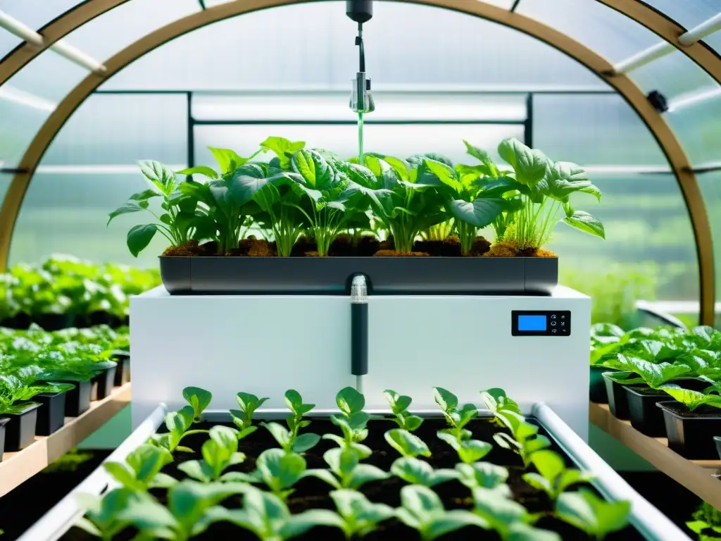 Un sistema acuapónico moderno y vibrante con plantas exuberantes creciendo en un invernadero futurista