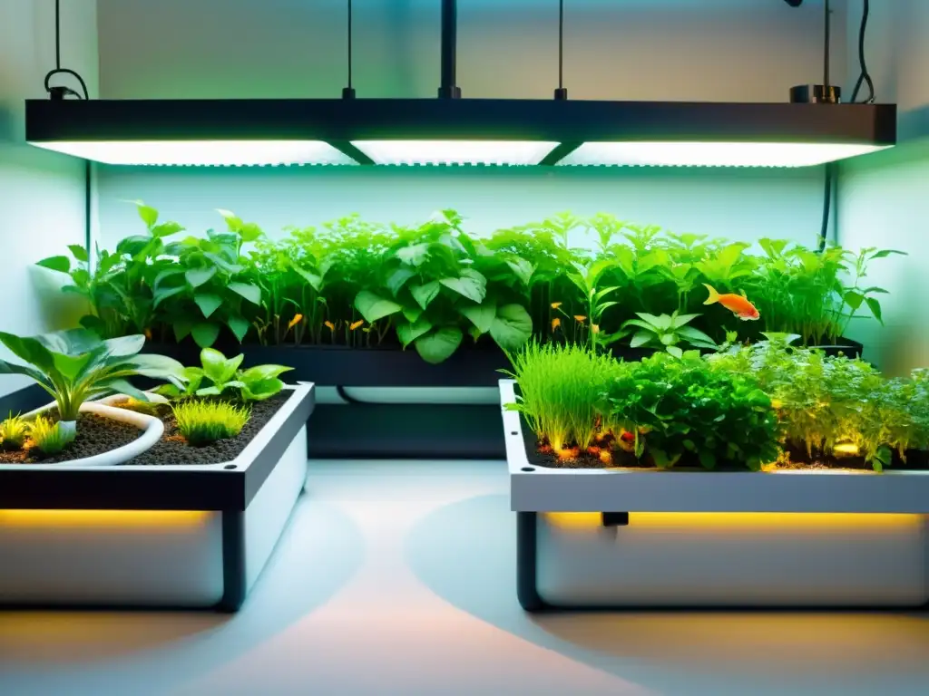 Un sistema acuapónico moderno y vibrante con plantas exuberantes y peces saludables en agua clara