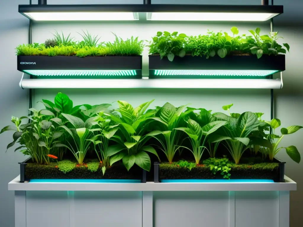 Un sistema acuapónico optimizado con plantas exuberantes y peces vibrantes