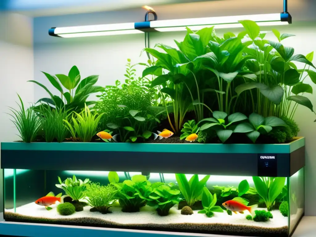 Un sistema acuapónico próspero y equilibrado, con plantas exuberantes y peces vibrantes