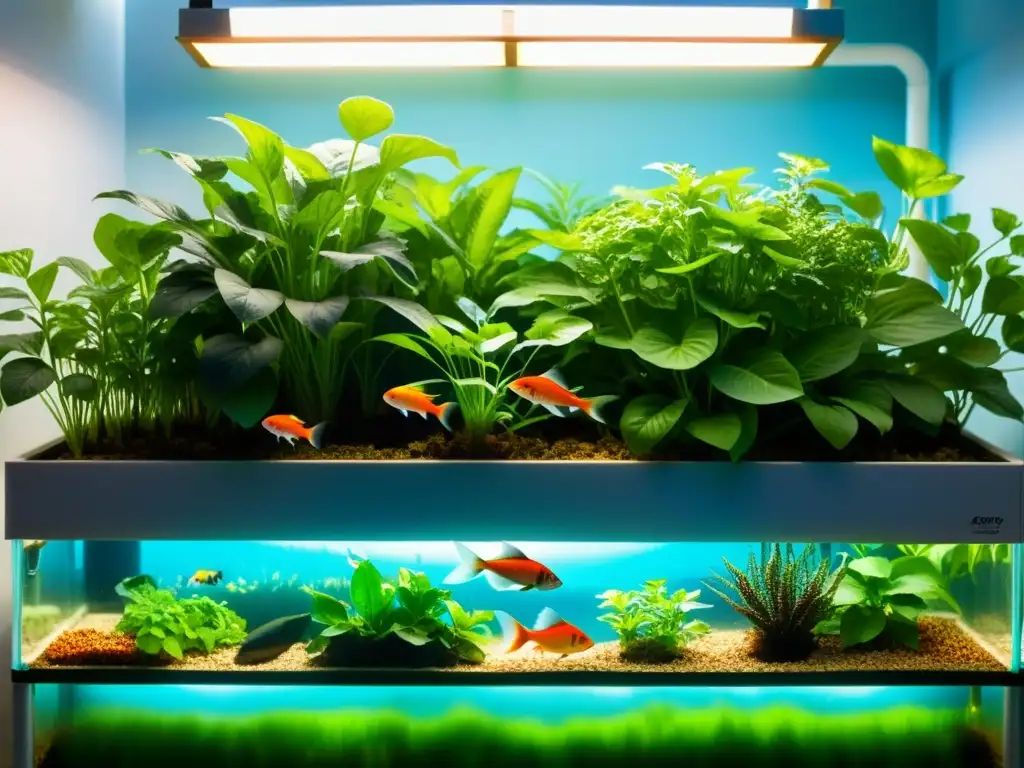 Un sistema acuapónico próspero y exuberante con plantas verdes vibrantes y peces saludables de colores