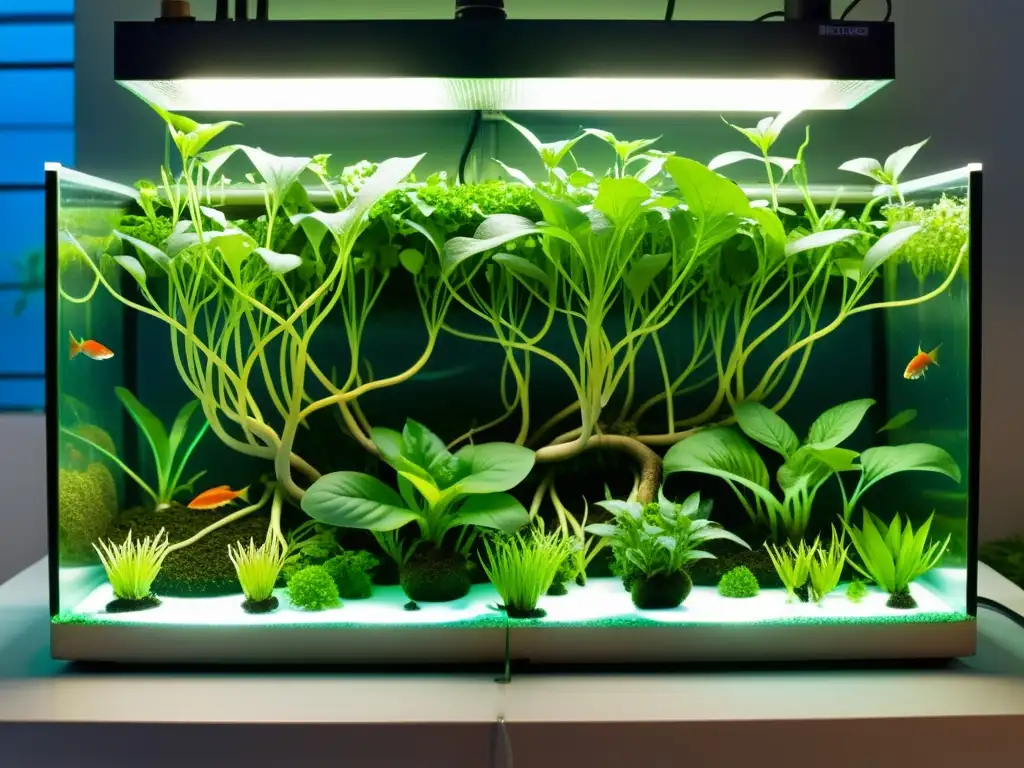 Un sistema acuapónico próspero con plantas, peces e insectos beneficiosos en equilibrio, iluminado por luces LED