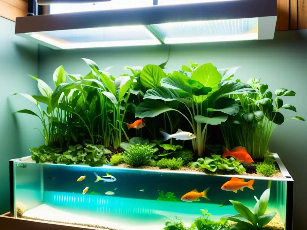 Un sistema acuapónico próspero con plantas exuberantes y peces vibrantes en agua cristalina