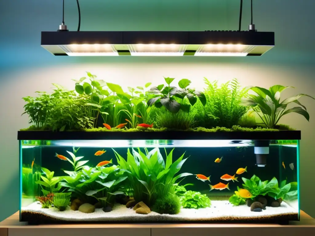 Un sistema acuapónico próspero con plantas exuberantes y peces saludables en un entorno moderno y limpio