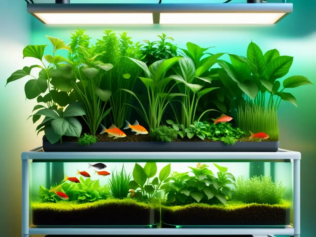 Un sistema acuapónico próspero para principiantes, con plantas exuberantes y peces coloridos nadando entre ellas