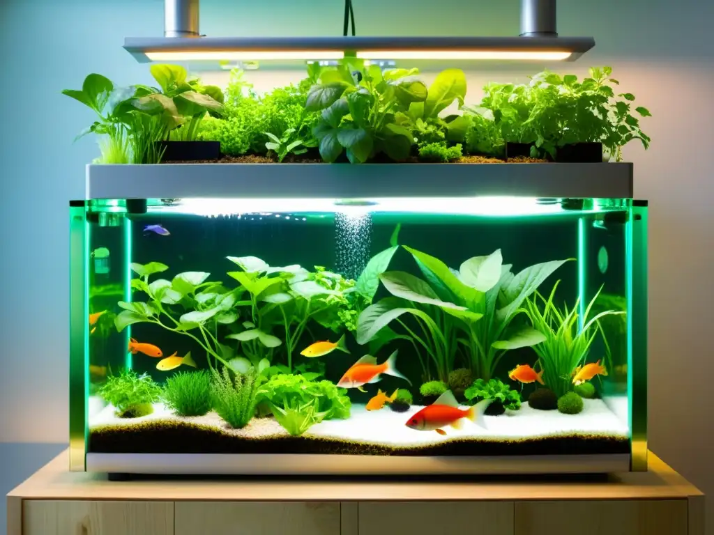 Un sistema acuapónico próspero y vibrante con plantas y peces coloridos, reflejando armonía y sostenibilidad