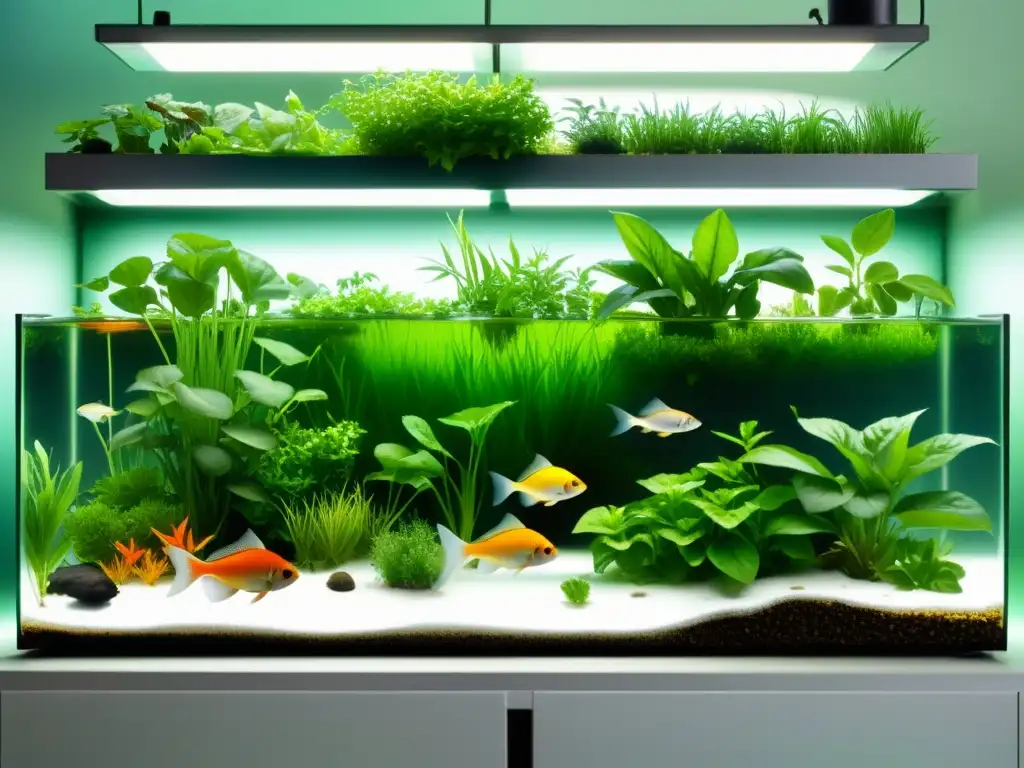 Un sistema acuapónico saludable y próspero con plantas exuberantes y peces activos en agua cristalina