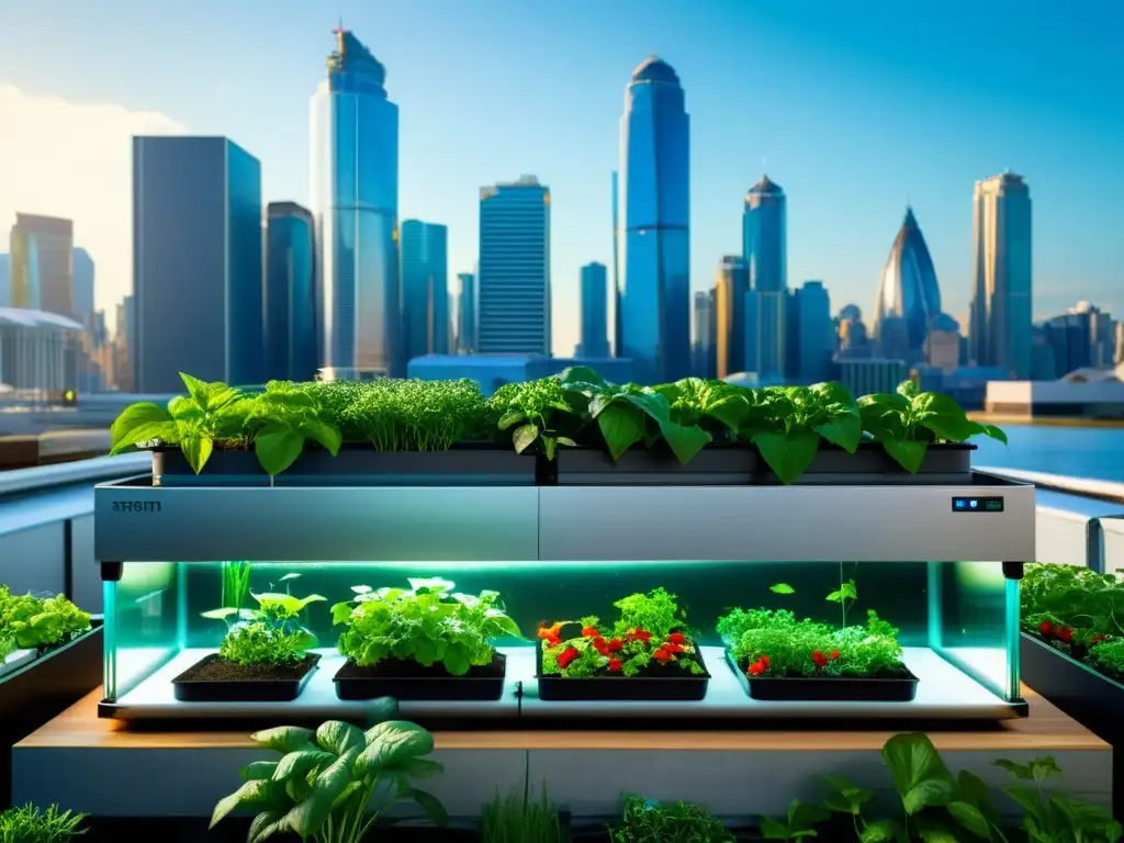 Un sistema acuapónico urbano moderno con plantas exuberantes y peces nadando en tanques, en contraste con el skyline de la ciudad