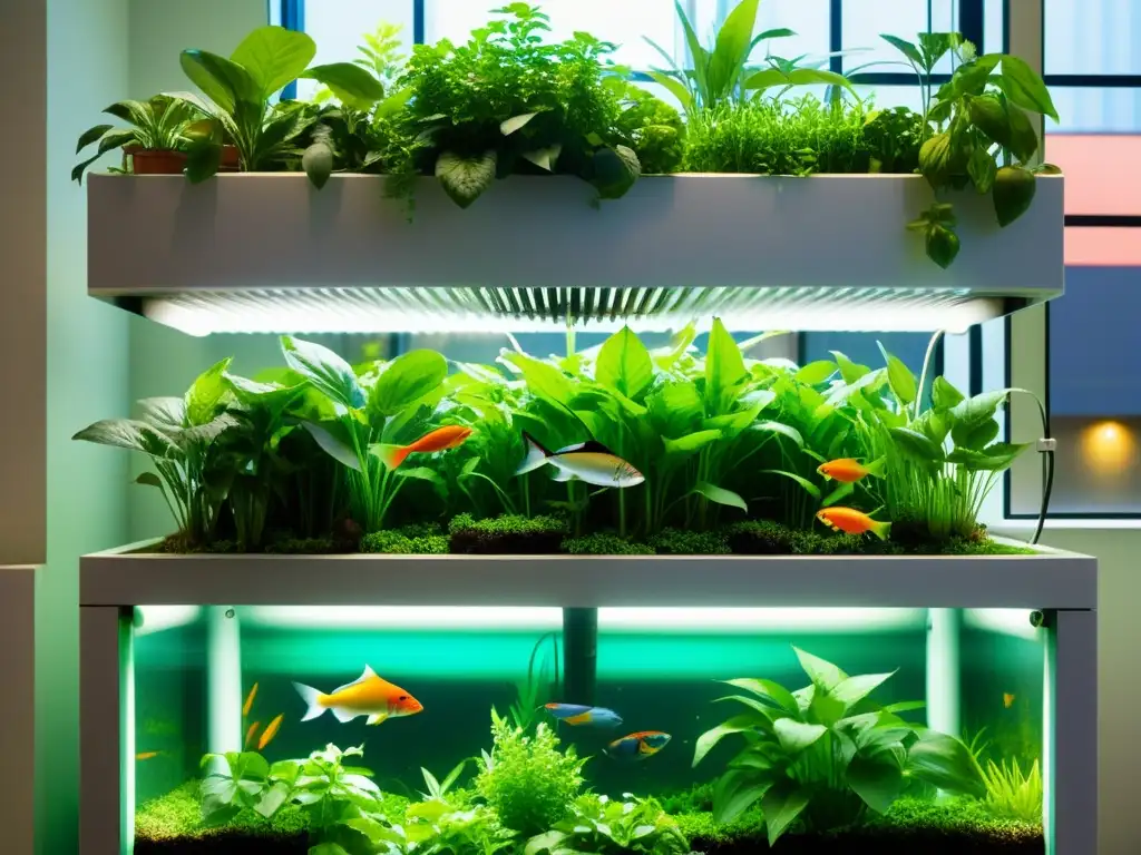 Un sistema acuapónico urbano próspero y moderno con plantas exuberantes y peces coloridos