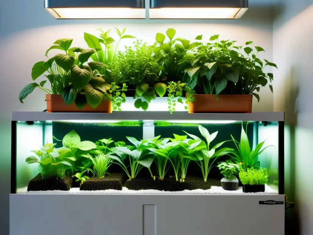 Un sistema acuapónico urbano próspero y vibrante, abordando la falta de nutrientes con plantas exuberantes y peces saludables