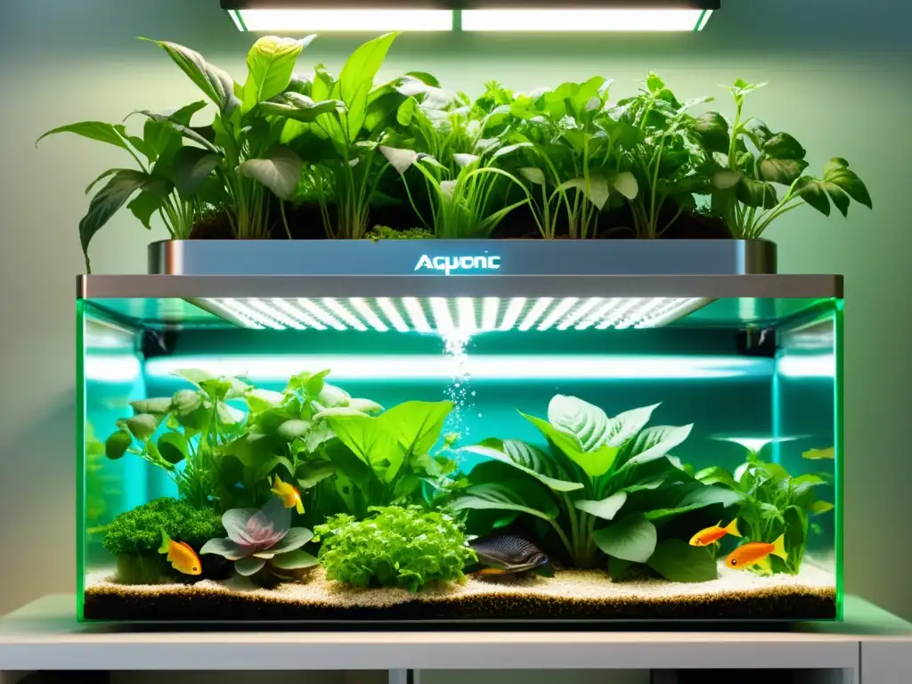 Un sistema acuapónico urbano vibrante muestra la simbiosis entre plantas y peces, con agua cristalina y diseño futurista