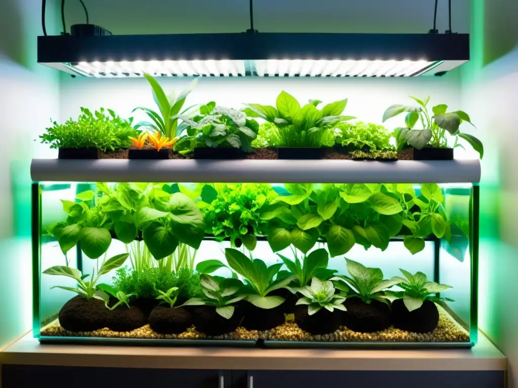 Un sistema acuapónico urbano vibrante, con vegetales y hierbas exuberantes en agua rica en nutrientes