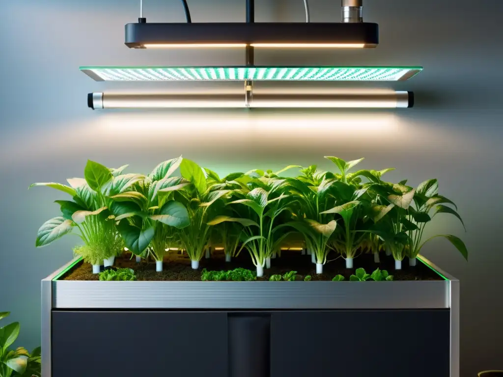 Un sistema acuapónico de vanguardia con plantas verdes vibrantes y tecnología LED moderna