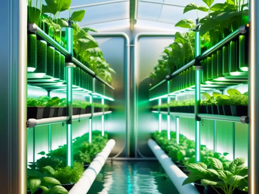 Un sistema acuapónico vertical moderno con plantas exuberantes y alta tecnología para riego sostenible en huertos verticales