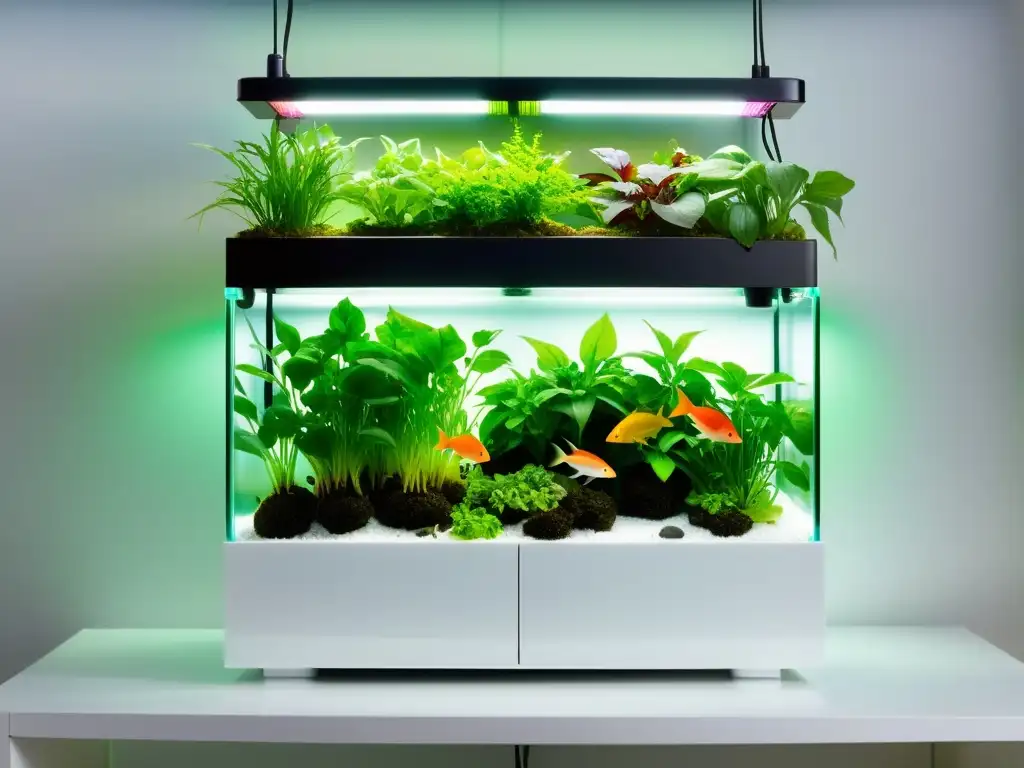 Un sistema acuapónico vertical moderno y elegante con plantas verdes vibrantes y peces coloridos