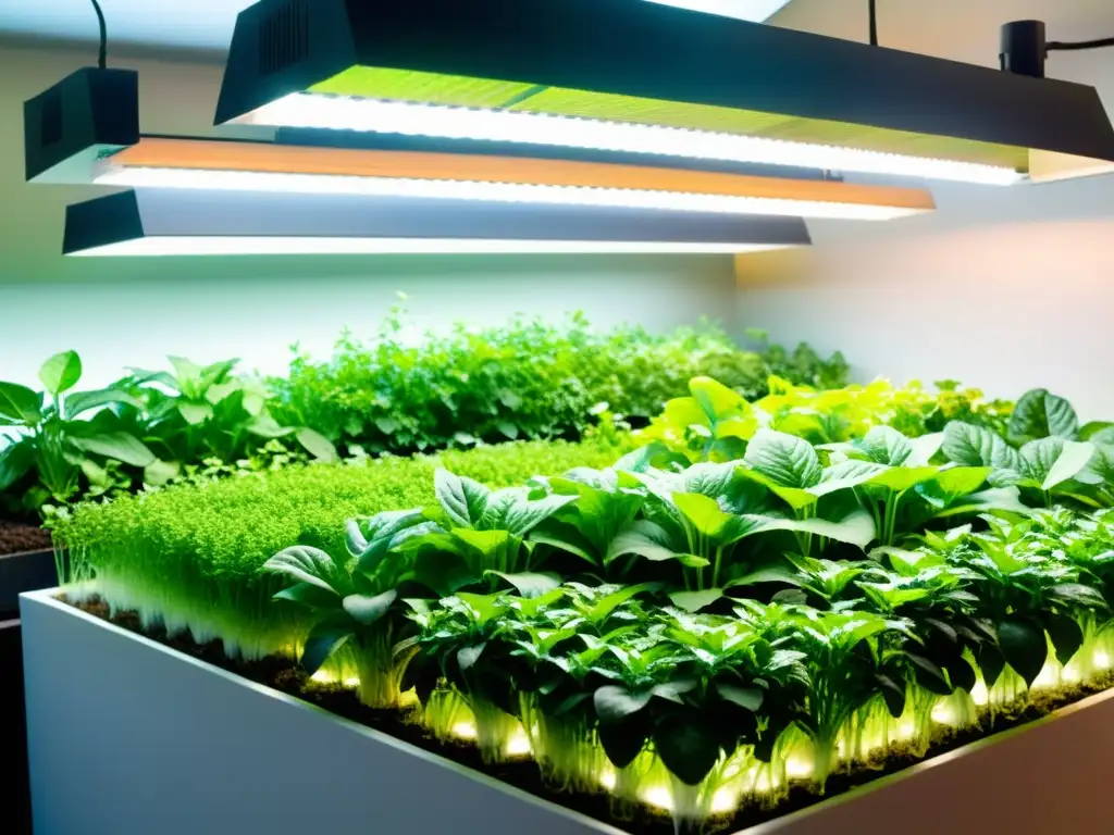 Un sistema acuapónico vibrante y exuberante, con plantas y peces en perfecta sinergia nutritiva