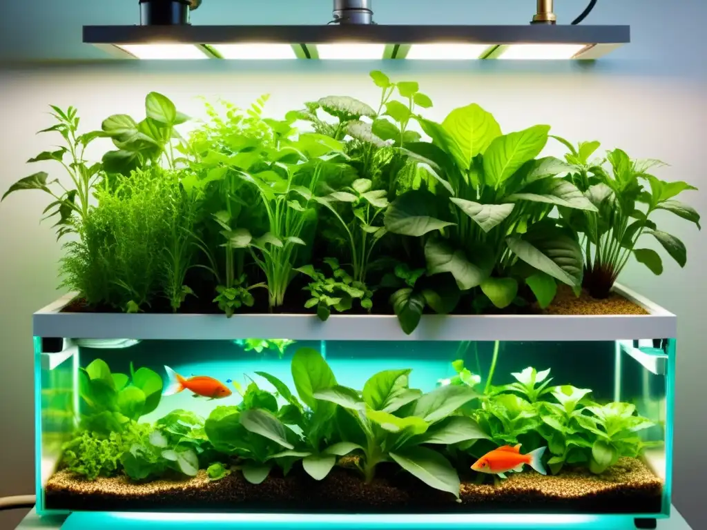 Un sistema acuapónico vibrante y exuberante, donde la sinergia nutritiva entre plantas y peces es evidente