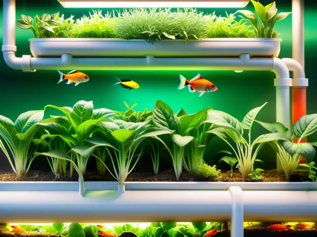 Un sistema acuapónico vibrante y moderno muestra la resistencia de sistemas acuapónicos al cambio climático con plantas exuberantes y peces coloridos