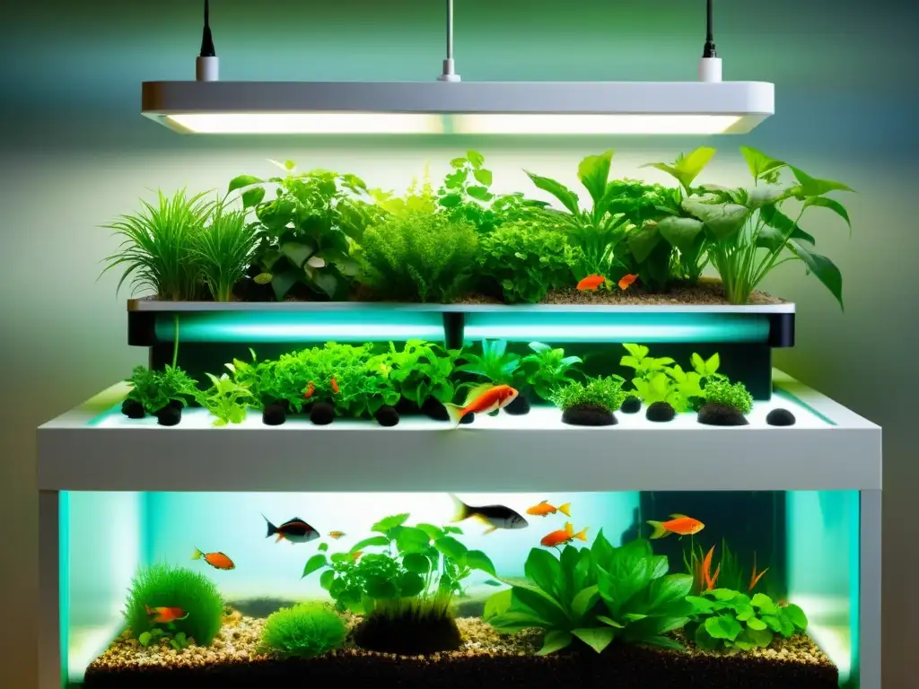 Un sistema acuapónico vibrante y moderno con plantas exuberantes sobre el agua y peces coloridos en un ambiente limpio y bien iluminado