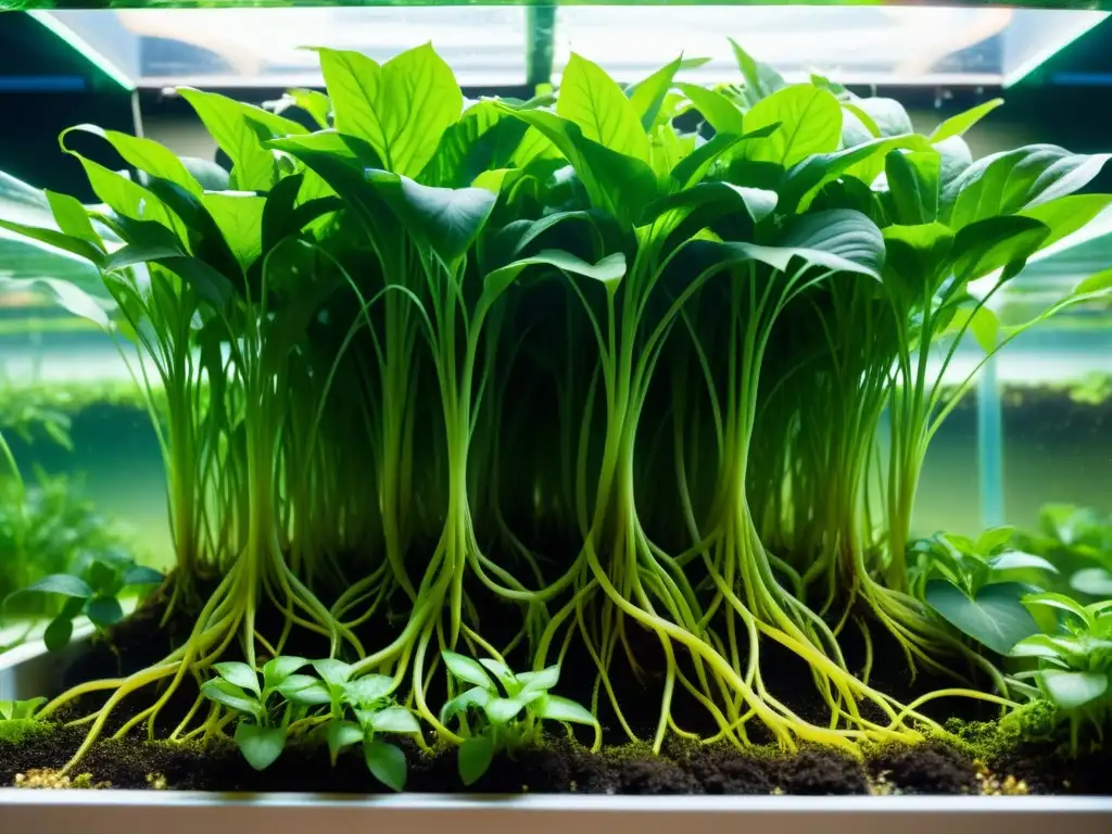 Un sistema acuapónico vibrante con plantas verdes y saludables, mostrando prevención de enfermedades en plantas acuapónicas