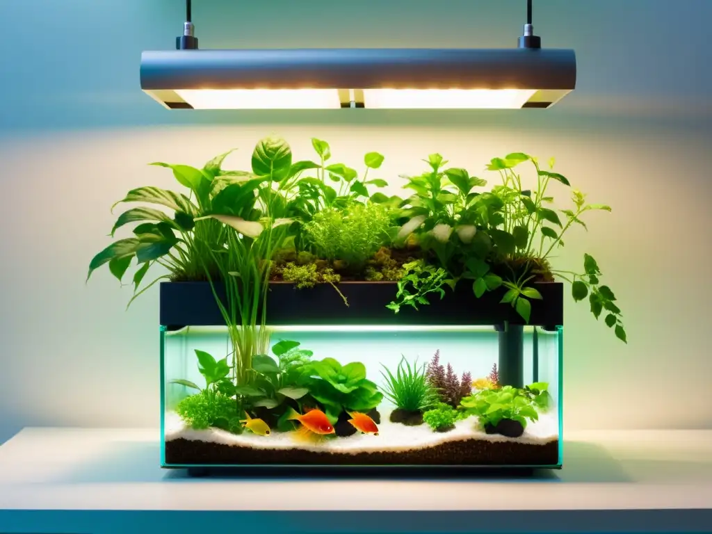 Un sistema acuapónico vibrante con plantas exuberantes y agua cristalina, mostrando el equilibrio pH para un crecimiento óptimo